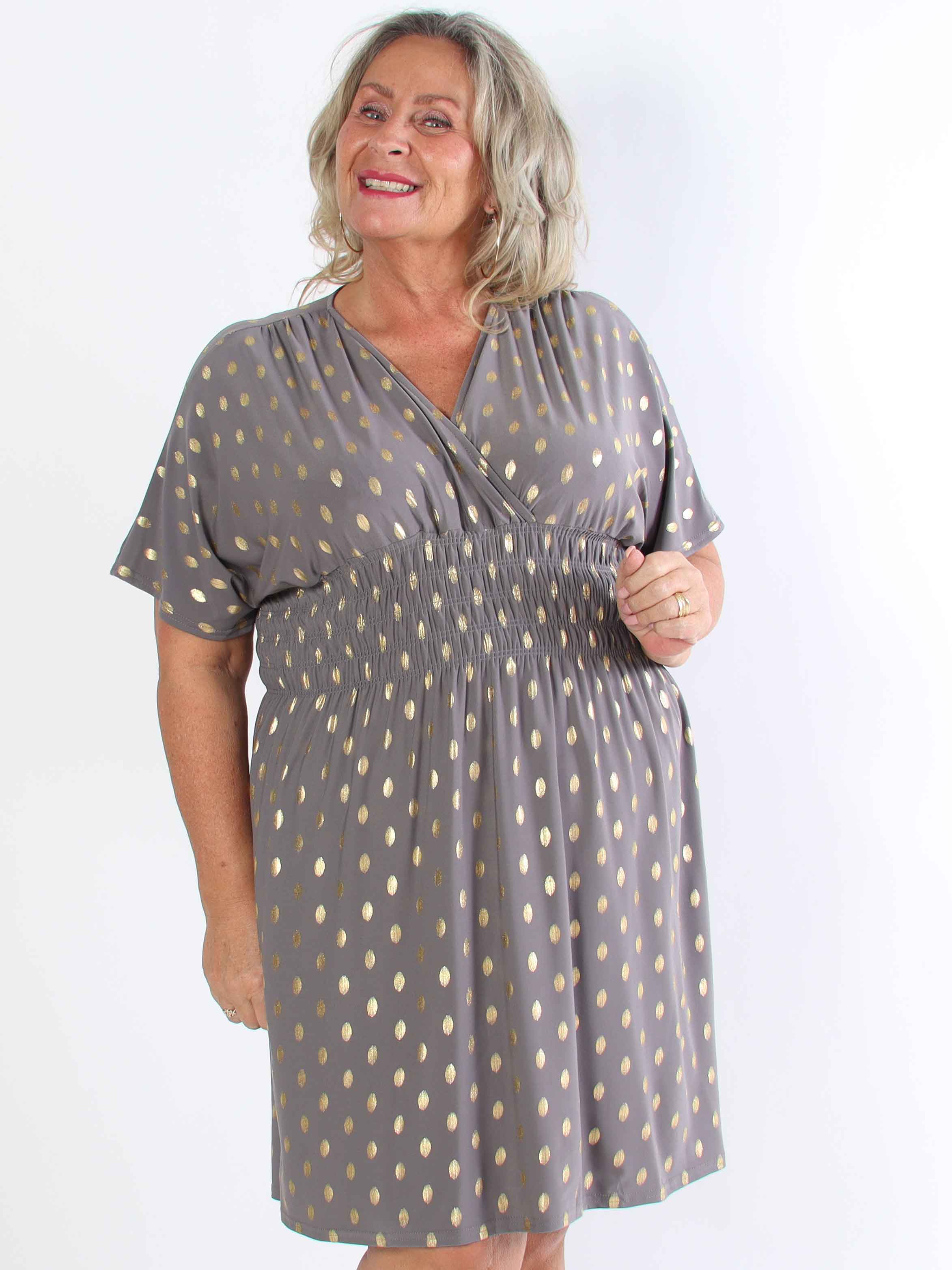 Pams Dot Short - Plus size elastisk kjole med guld prikker